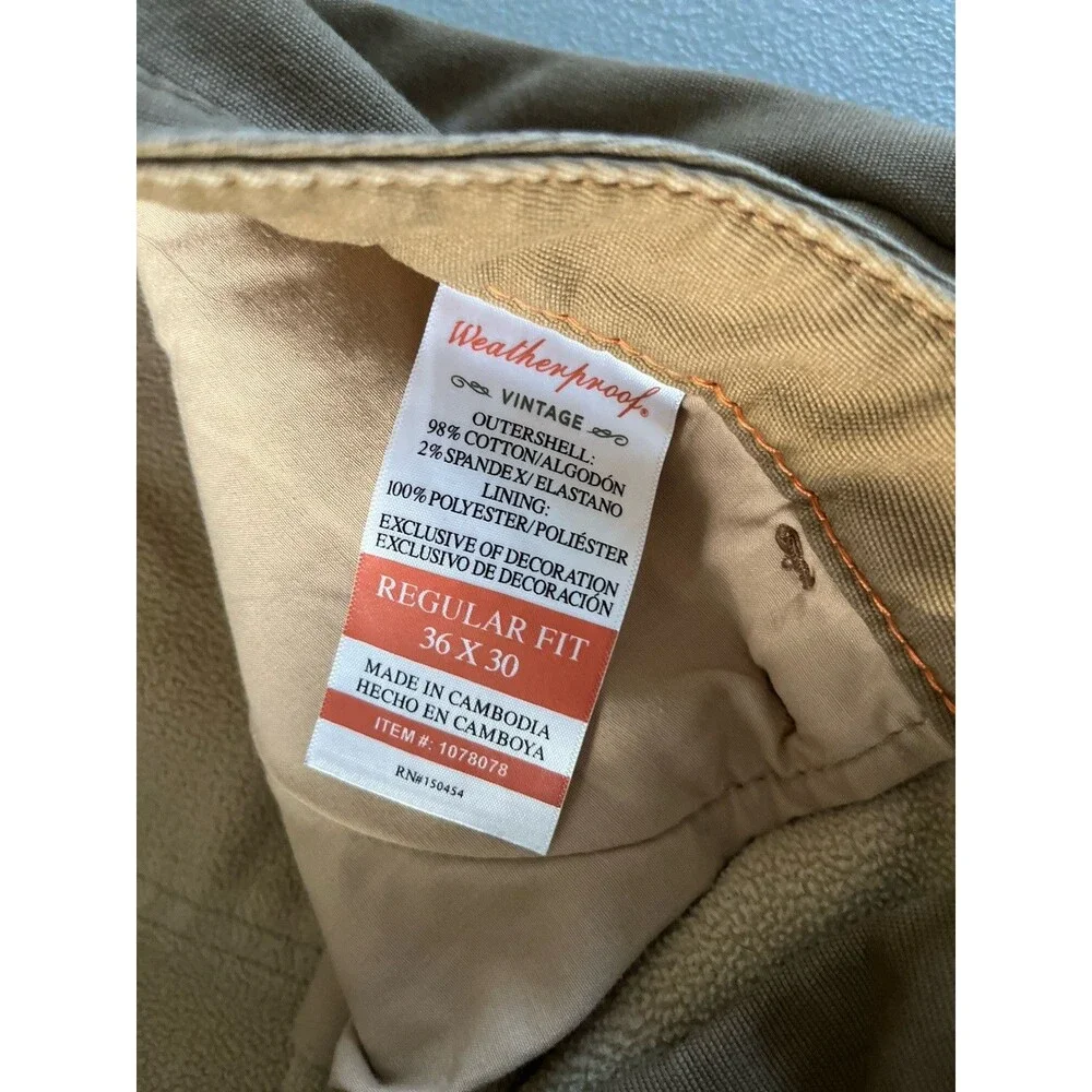 Weatherproof Vintage Mens Fleece Lined Canvas Utility Pants Sz 36x30 Brown